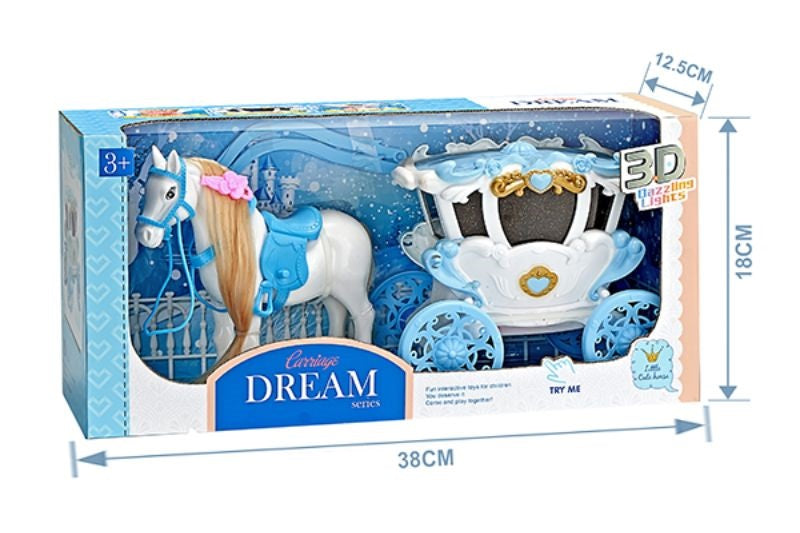 KOČIJA SET S KONJEM Z ZVOKOM IN LUČJO, BATERIJE VKLJUČENE 38X18CM