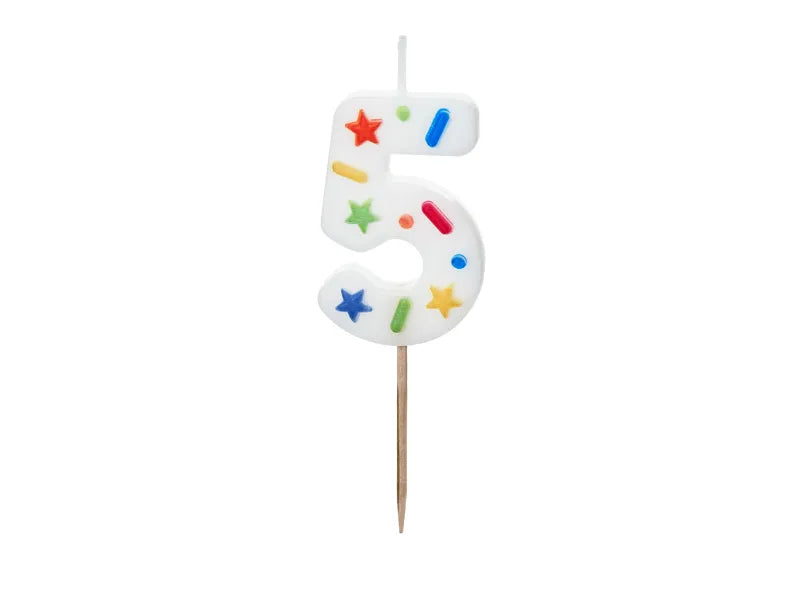 SVEČKA ŠTEVILKA "5", BELA KONFETI, 5,5CM