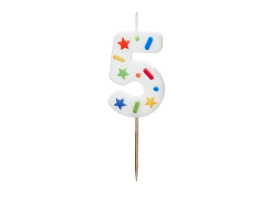 SVEČKA ŠTEVILKA "5", BELA KONFETI, 5,5CM