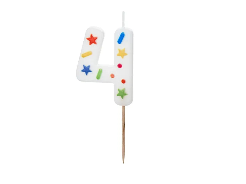 SVEČKA ŠTEVILKA "4", BELA KONFETI, 5,5CM