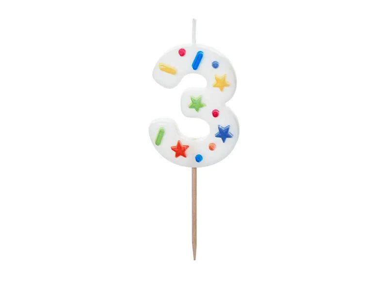 SVEČKA ŠTEVILKA "3", BELA KONFETI, 5,5CM