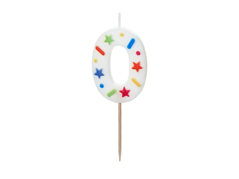 SVEČKA ŠTEVILKA "0", BELA KONFETI, 5,5CM